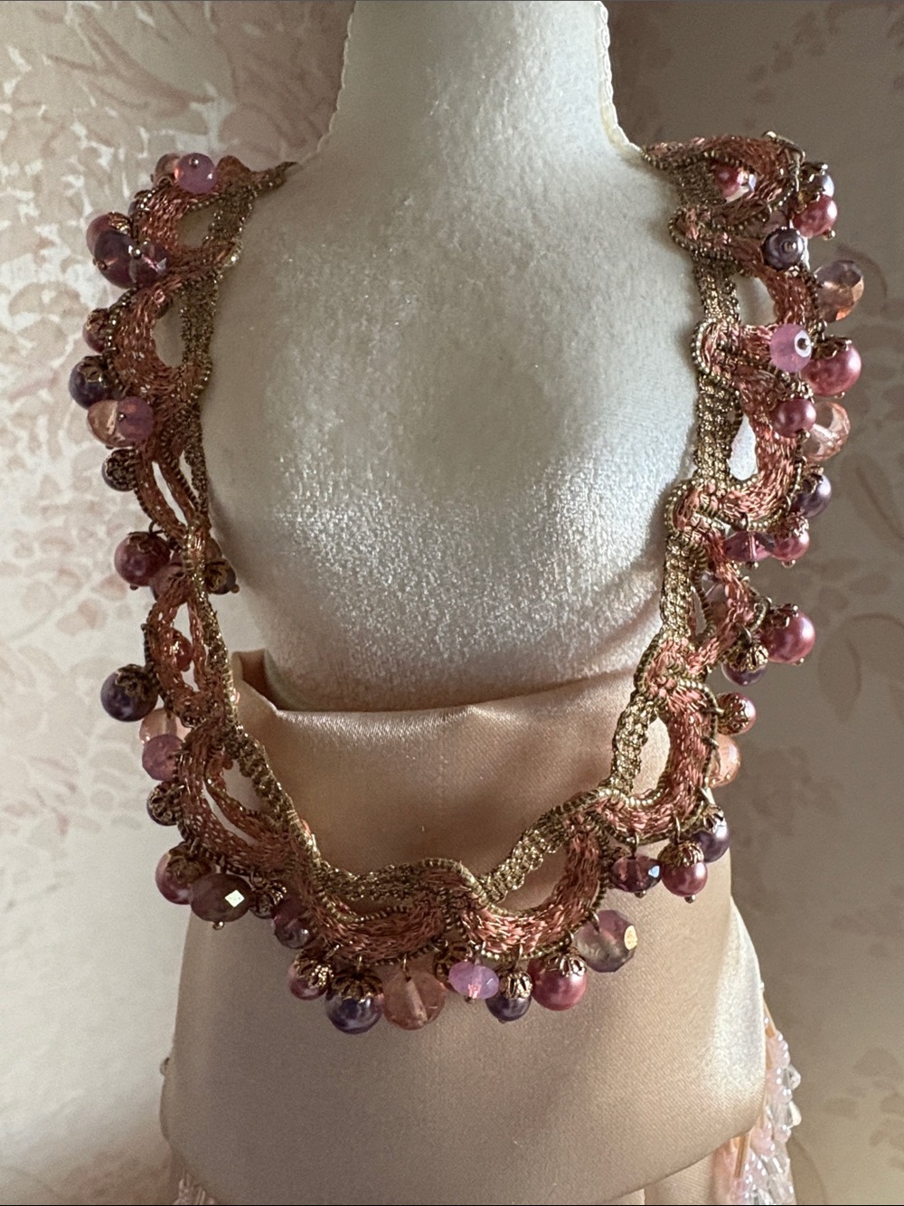 Carolee Pink and Gold Beaded Braided Statement Necklace with matching earrings